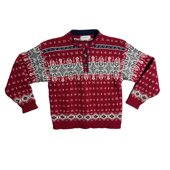 L.L. Bean Nordic Fair Isle Henley Button Sweater Women's Medium Wool Blend USA - Picture 1 of 9